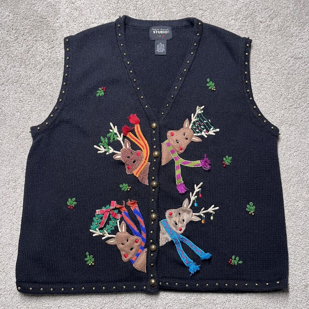 VTG Designer Originals Studio Knit Sweater Vest Women XL Reindeer Christmas 90’s